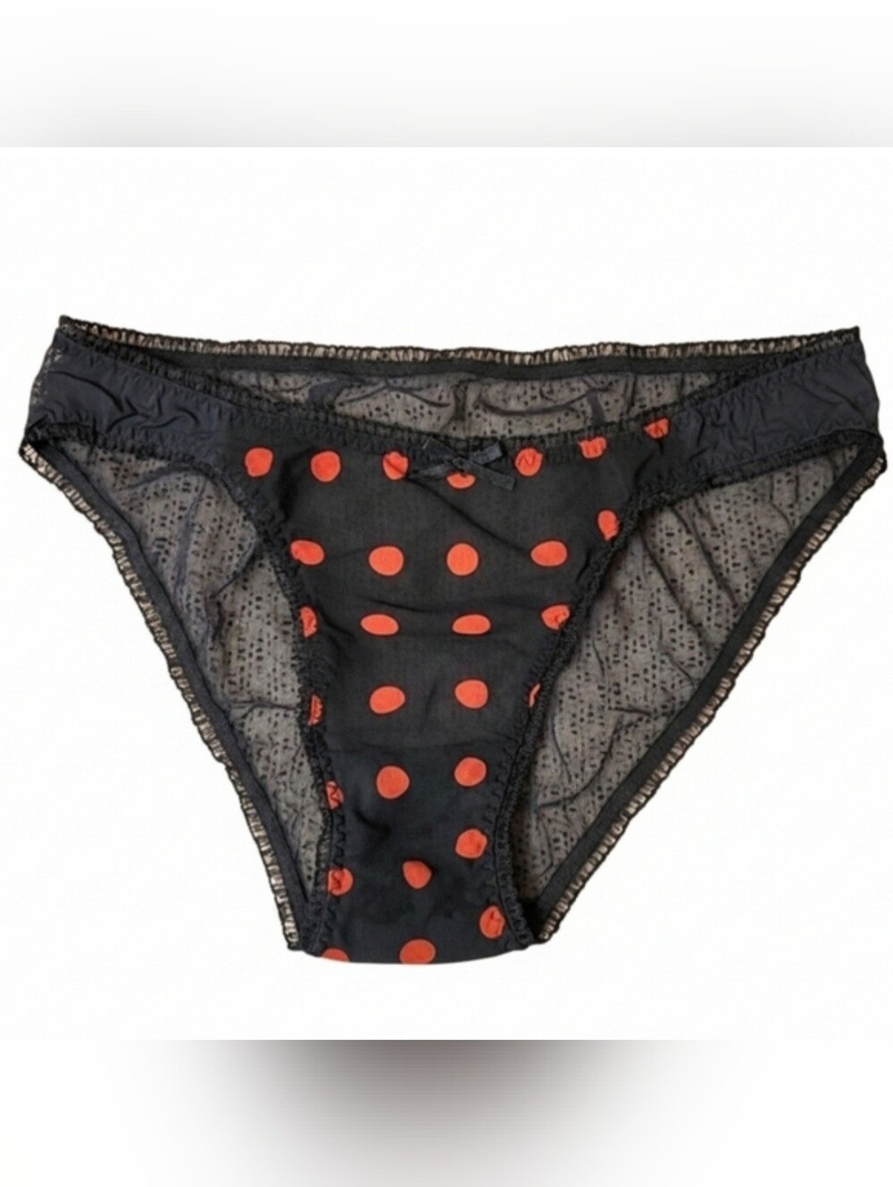 Vtg Y2K Victorias Secret blk mesh red polka dot ruffle sheer panties XL NWOT